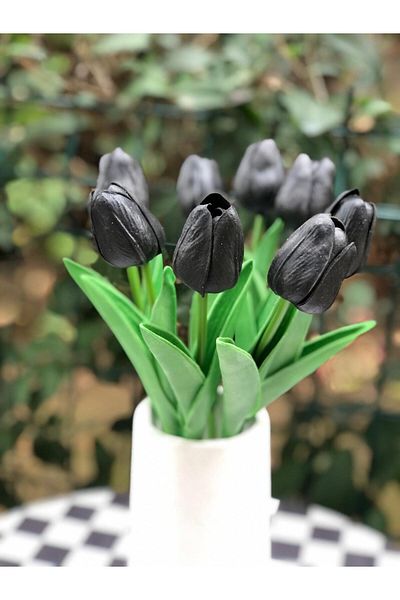 baskıtek Wet Look Artificial Black Tulip σε Βετονικό Βάζο, 8 τμχ μαύρες τουλίπες, Πακέτο τουλίπας