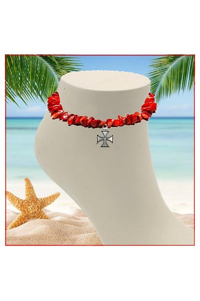 Bijustore Women's Anklet with Coral Natural Stone Cross Object