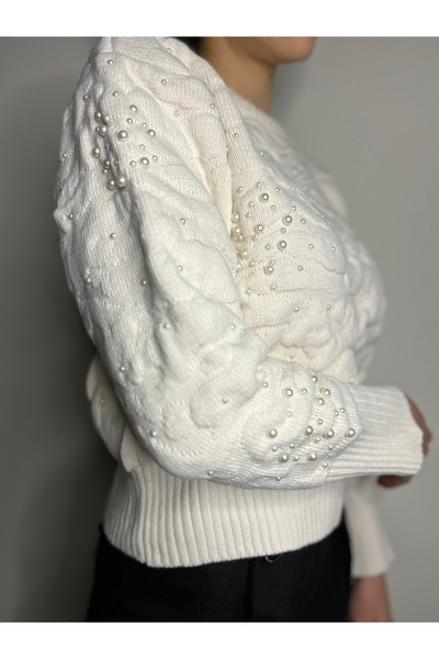 Viskosa Pulover cu model în relief cu perle