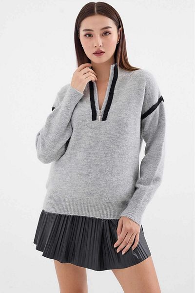 hazelin Women's Gray Piping Detail Zipper Collar Oversize Sweater Hzl25W-Bd 1158881