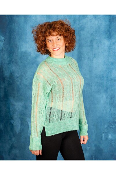 Portakal Esintisi Zeleni polurolnik Sa ajurom pleteni ženski džemper