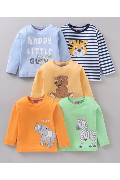 Babyhug تي شيرت قطني بأكمام طويلة بطبعات حيوانية، عبوة من 5 قطع - متعدد الألوان