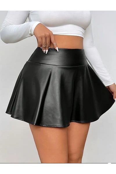 MAROVOAY Faux Leather Plus Size Mini Flared Skirt