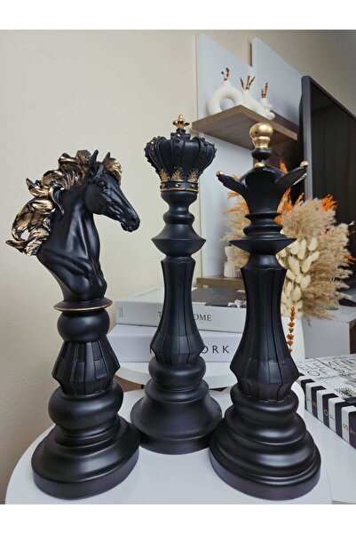 Artceal Dekoratif Büyük Boy (40CM) Polyester Siyah 3'lü Set Satranç Biblo Takımı