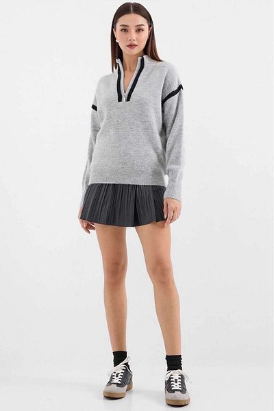 hazelin Women's Gray Piping Detail Zipper Collar Oversize Sweater Hzl25W-Bd 1158881