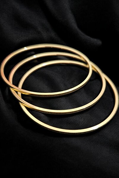 BijuPeri Çelik Gold Kadın 3'lü Ajda Seti İnce Şık Kibrit Çöpü Düz Trend Bilezik