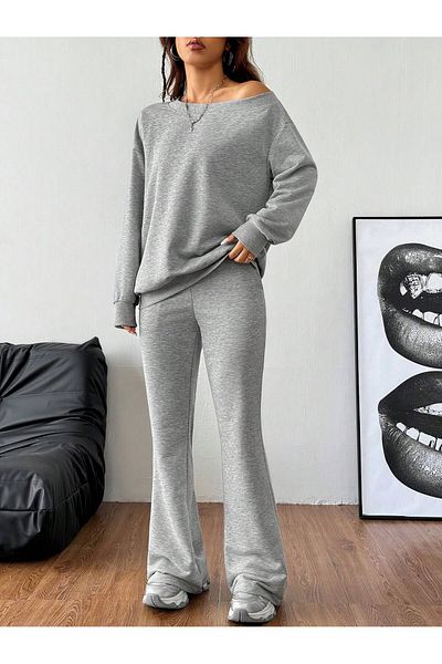Butik Gray Loose Wide Collar High Waist Spanish Leg Pants Sweatshirt Suit