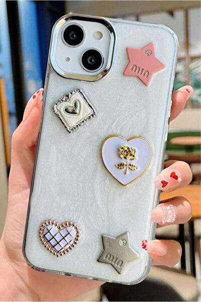 3GEN CASE İphone 15 Uyumlu 3D Taş Kurdele Kelebek Kalp İşleme Motifli Sert Kapak