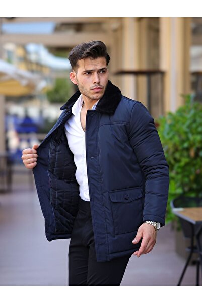 HI MEN Classic Cut Coat with Fur Trim