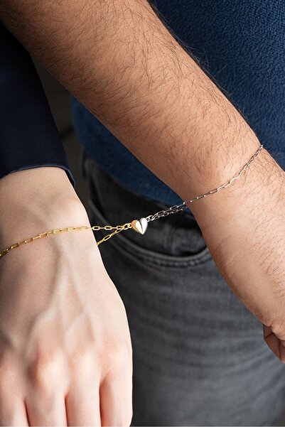MUİ JEWELRY 925 Ayar Gümüş 2'li Mıknatıslı Kalp Sevgili Çift Bilekliği