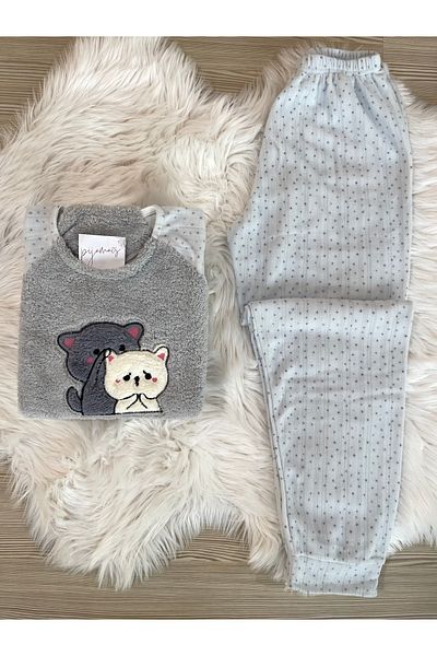 Pijamacs Set de pijamale din lână cu model pisicuță gri, cu detaliu de pluș în față