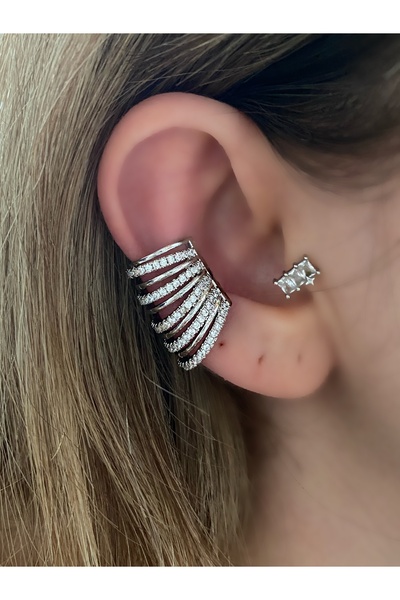 Pinery Jewels Büyük Earcuff Taşlı 10 Sıra Pirinç Üzeri Kaplama Renk Kadın Kıkırdak Küpe