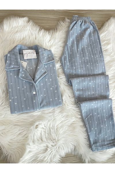 Pijamacs Light Gray Mini Star Patterned Front Buttoned Fleece Pajama Set