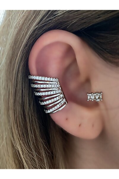 Pinery Jewels Büyük Earcuff Taşlı 10 Sıra Pirinç Üzeri Kaplama Renk Kadın Kıkırdak Küpe