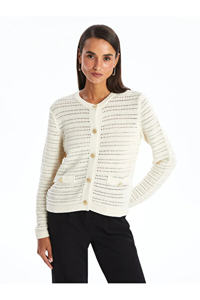 LC Waikiki Lcw Modest Ecru Crew Neck Openwork Long Sleeve Women's Knitwear Cardigan