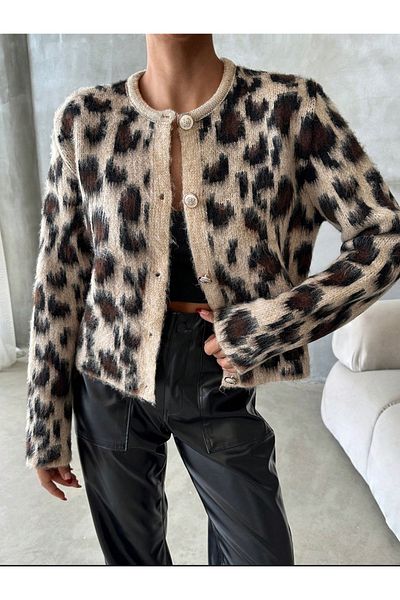 Vaveyla Women's Brown Leopard Print Crew Neck Soft Knitwear Cardigan