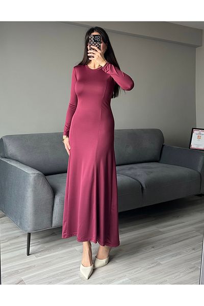 AB LOOKS Women's Long Sleeve Kylie Maxi Long Dress Flared Wide Skirt Basic Long Dress Does Not Show Inside