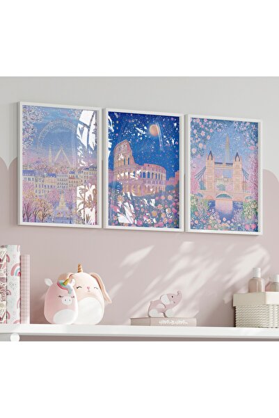 Home Pembe Dünya Harikaları manzaraları, Çocuk ve bebek Odası 3'lü Çerçevesiz...