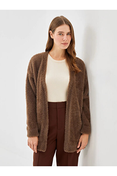 LC Waikiki LCW Modest Kahverengi Şal Yaka Düz Uzun Kollu Kadın Pelüş Hırka