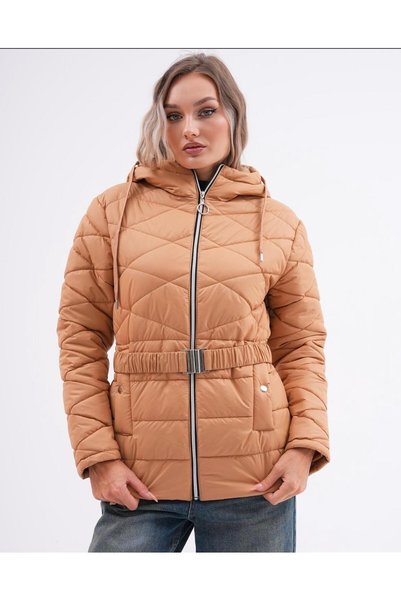 ESB Design Women's Winter Hooded Belted Camel Coat