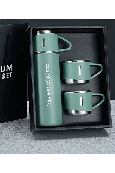 SÜPERKUTUMATBAA Kİşiye Özel Vacuum Flask Set Üç Bardaklı Kutulu Paslanmaz Çelik Termos Seti 500 Ml