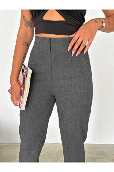 mor butik kadın antrasit yüksek bel havuç pantolon mor01002