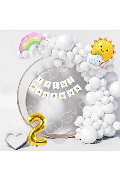 CUGY BOY & GIRL BIRTHDAY ORNAMENT PARTY SET SUN AND RAINBOW WHITE BALLOON CHAIN SET