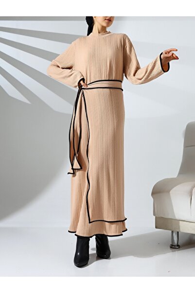 Modamorfo Stand Collar Knitted Crepe Waist Tied Two Piece Dress -Beige