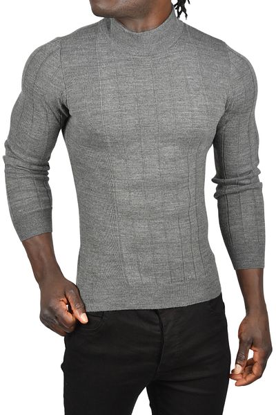 DeepSEA Men's Striped Anthracite Slim Fit Knitwear Sweater - Half Turtleneck 2505491