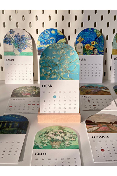 Hume Craft 2026 Van Gogh Temalı Ahşap Standlı Masaüstü Takvim, Özel Tasarım Masa Takvimi