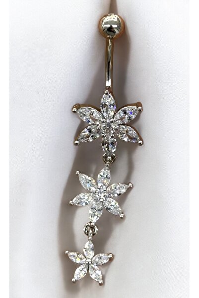 Takayrum Çelik Kararmaz Sallanır Çiçek Detaylı Zirkon Taş Göbek Piercing