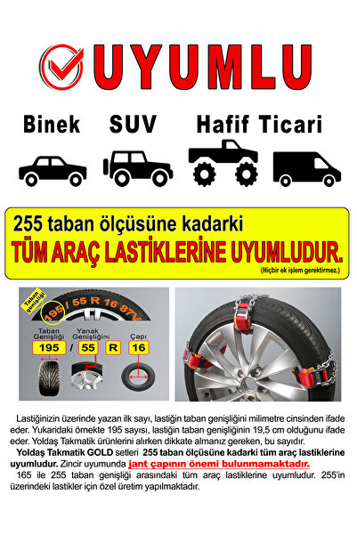 YOLDAŞ TAKMATİK Yoldaş 12 Li Gold Set Pratik Kar Zinciri 1 Yıl Koşulsuz Garantili Takmatik Zincir Eldiven Hediyeli