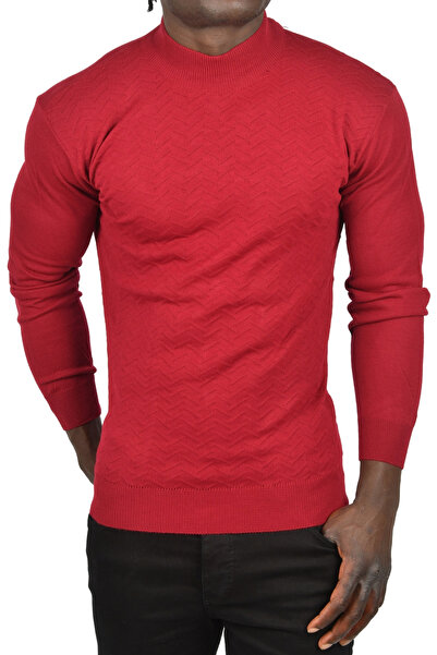 DeepSEA Чоловічий бордовий светр з зигзагоподібним візерунком, напівкомір, вузький крій, з коміром, 2505496