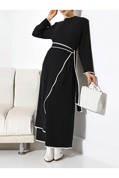 Modamorfo Stand Collar Knitted Crepe Waist Tied Two Piece Dress -Black