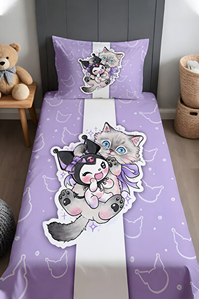 EVPANYA Sevimli Kedi ve Kuromi Desenli Yatak Örtüsü ve Yastık Kılıfı