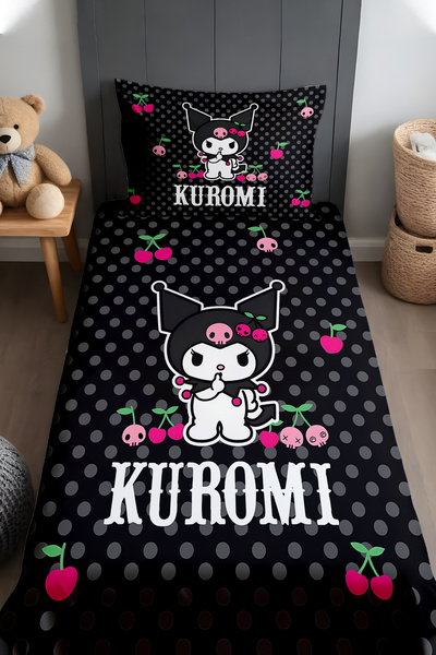 EVPANYA Pembe Kirazlar ve Kuromi Desenli Yatak Örtüsü ve Yastık Kılıfı