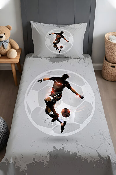 EVPANYA Gri Işıltılı Futbolcu  Desenli Yatak Örtüsü ve Yastık Kılıfı