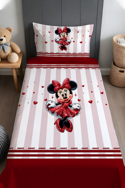 EVPANYA Kırmızı Parıltılı Minnie Desenli Yatak Örtüsü ve Yastık Kılıfı