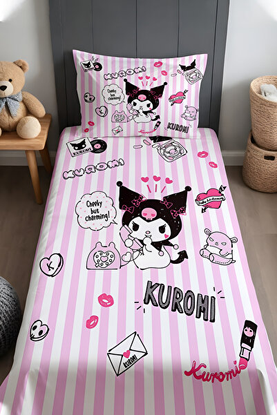 EVPANYA Kuromi Patterned Bedspread and Pillowcase with Lilac Stripe