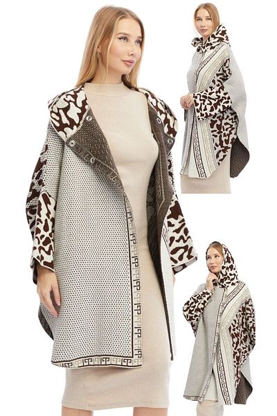 marufshop Women's Large Size Hooded Winter Thick Leopard Print Poncho