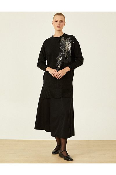 Kayra Embroidery Embroidered Knitwear Tunic Black