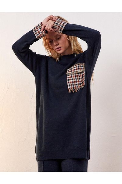 Kayra Half Turtleneck Houndstooth Garnished Knitwear Tunic Stone