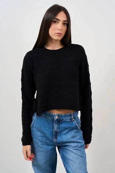 ONLY Pulover negru tricotat cu gât crew și legare laterală 15324444 - femei