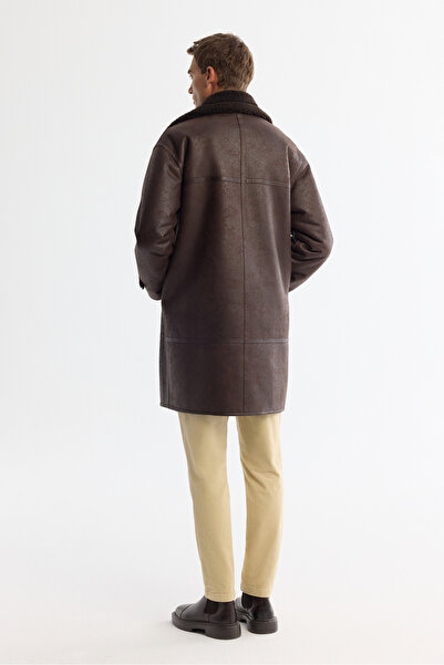 Avva Erkek Kahve Kürklü Mono Yaka Deri Görünümlü Uzun Napa Comfort Fit Kaban A42Y6125