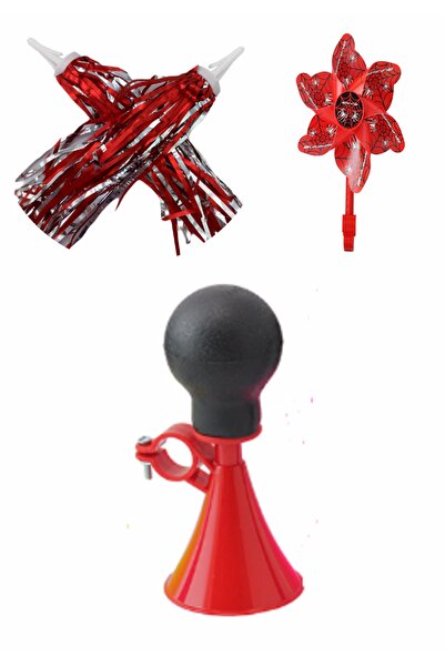 Yerli Bisiklet Aksesuar Seti - Kırmızı - Havalı Korna, Püskül Elcik ve Aynalı...