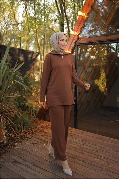 Bwest Zipper Collar Plain Sweat Double Set - (38-46) - 71221 - Brown