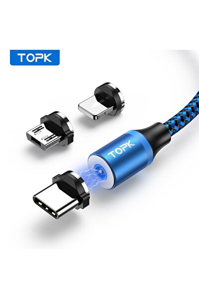 Choice كابل شحن مغناطيسي أزرق بطول 2 متر (6.6 قدم) 3 في 1 من TOPK كابل شاحن ه...