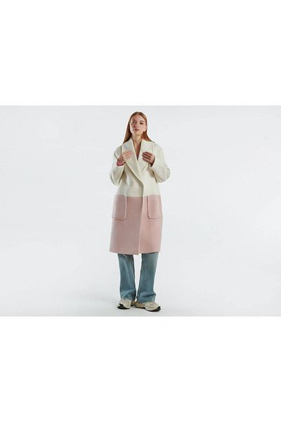 United Colors of Benetton Women's Cream Contrast Color Detailed Single Button Coat with Side Pockets