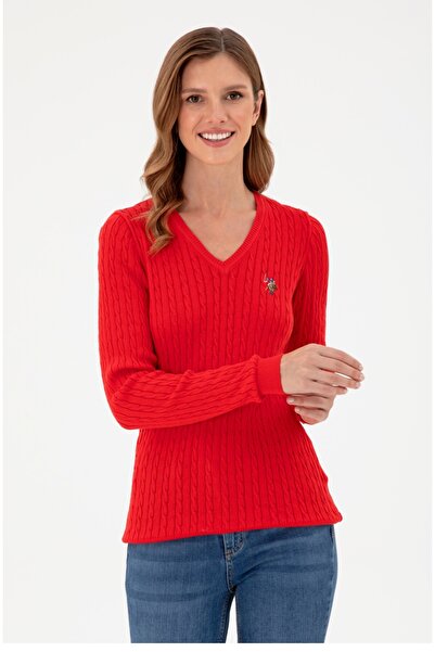 U.S. Polo Assn. U.s polo assn slim fit V yaka %100 pamuk kadın triko kazak (özse giyim)