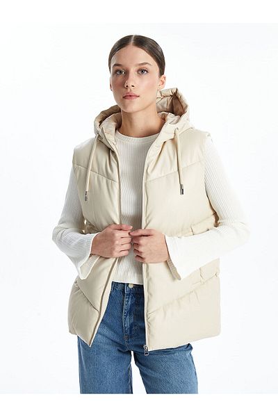 LC Waikiki Γυναικείο φουσκωτό γιλέκο Lcwk Hooded Plain Leather Look